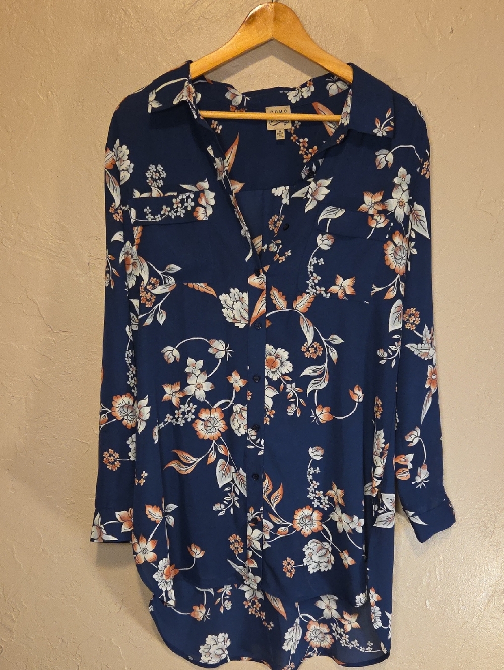 Como Vintage Navy Floral Button-Down Tunic /Dress Size Med